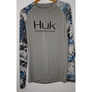 Huk Performance Fishing Mens Large Long Sleeve White Gray Blue Camo (1017)